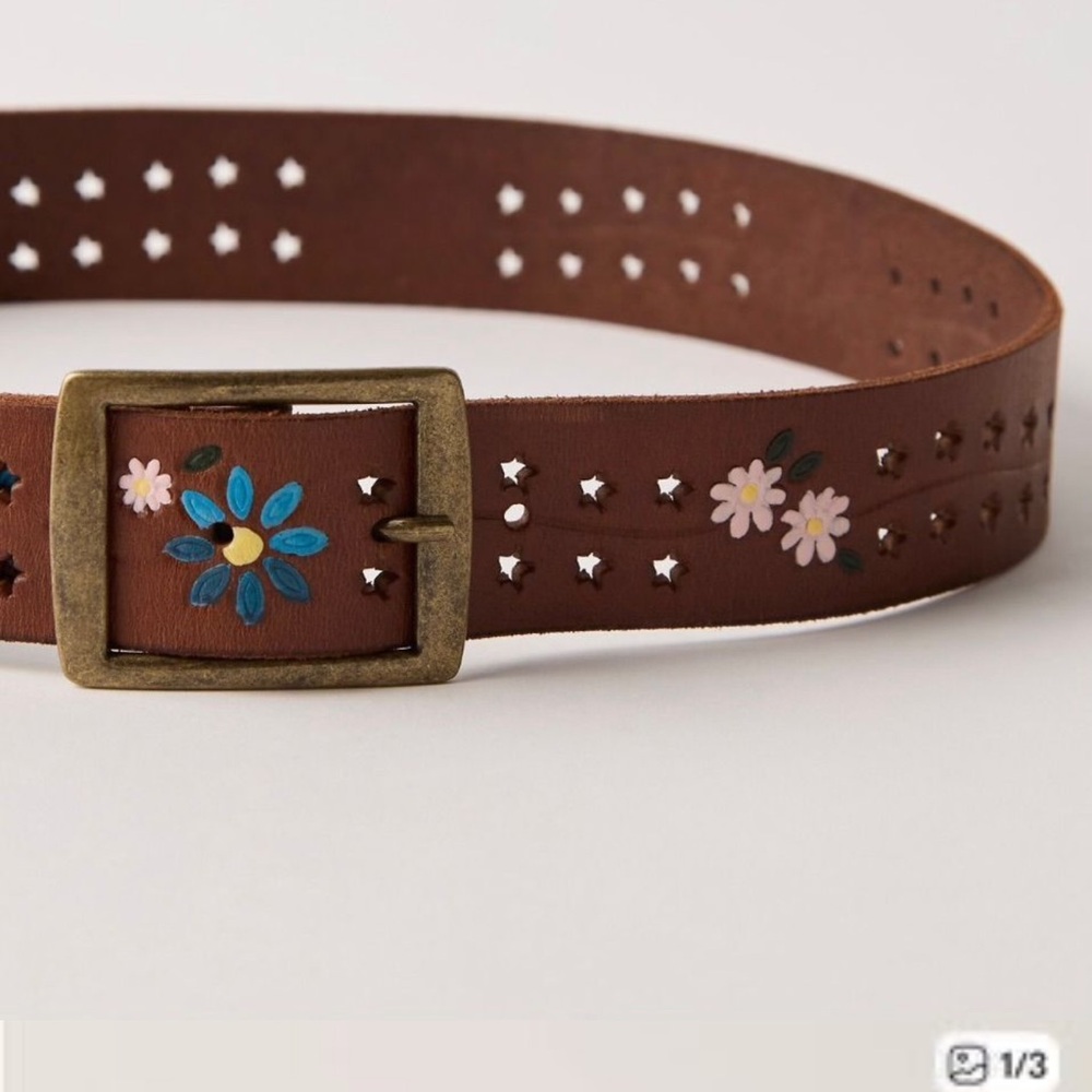 Free People Brown Leather Floral Tooled Belt with Brass Buckle